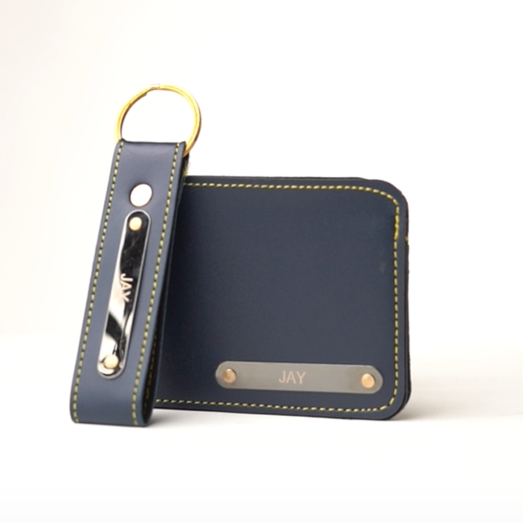 Premium Personalized Leather Wallet – Dark Blue | Custom Nameplate with Keychain