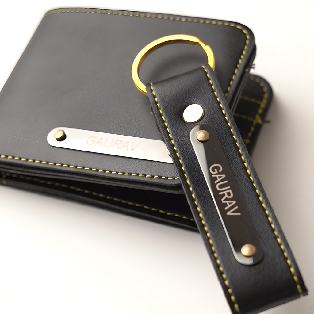 Premium Personalized Leather Wallet – Black | Custom Nameplate with Keychain