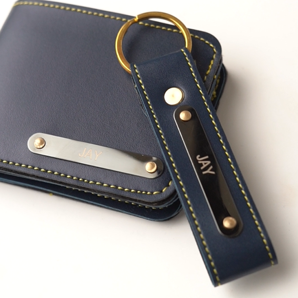 Premium Personalized Leather Wallet – Dark Blue | Custom Nameplate with Keychain