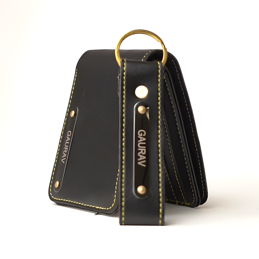 Premium Personalized Leather Wallet – Black | Custom Nameplate with Keychain