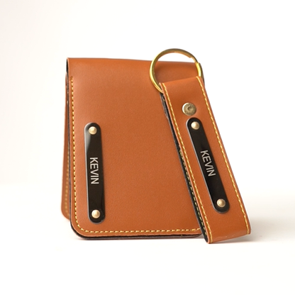 Premium Personalized Leather Wallet – Brown | Custom Nameplate with Keychain