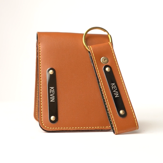 Premium Personalized Leather Wallet – Brown | Custom Nameplate with Keychain