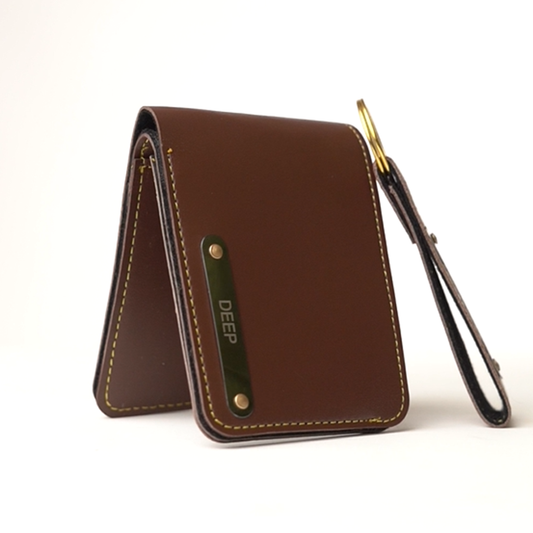 Premium Personalized Leather Wallet – Dark Brown | Custom Nameplate with Keychain