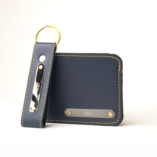 Premium Personalized Leather Wallet – Dark Blue | Custom Nameplate with Keychain