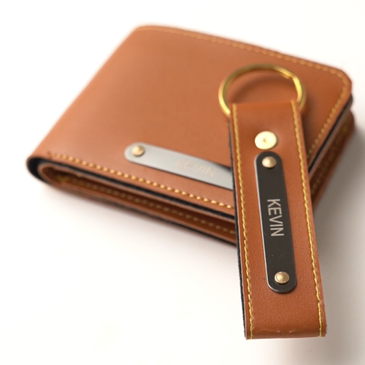 Premium Personalized Leather Wallet – Brown | Custom Nameplate with Keychain