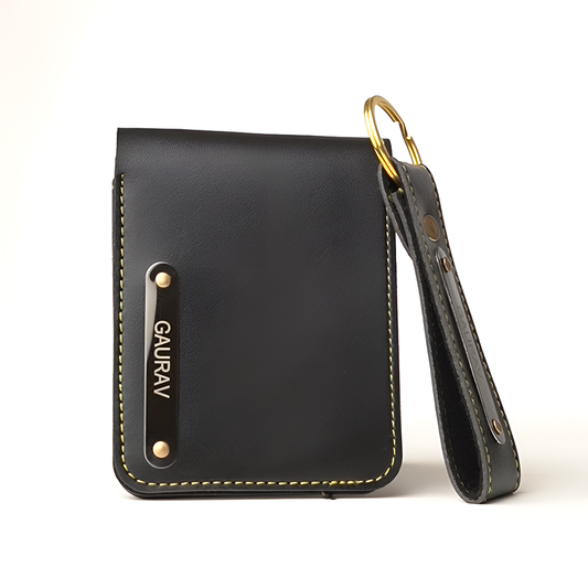 Premium Personalized Leather Wallet – Black | Custom Nameplate with Keychain