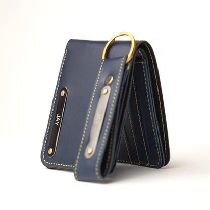 Premium Personalized Leather Wallet – Dark Blue | Custom Nameplate with Keychain