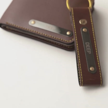 Premium Personalized Leather Wallet – Dark Brown | Custom Nameplate with Keychain