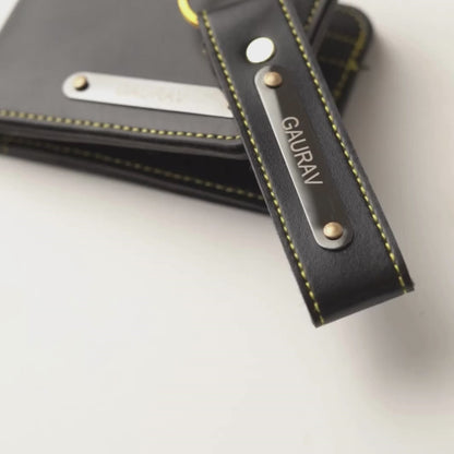 Premium Personalized Leather Wallet – Black | Custom Nameplate with Keychain